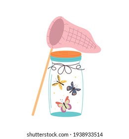 Glass jar with a butterfly net. Glass jar flask with flying insects. Vector modern illustration