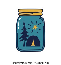 Glass jar with camping tent inside. A tent under a pine tree with a star on a blue background inside a closed jar. Conceptual vector illustration of tourism and outdoor recreation isolated.