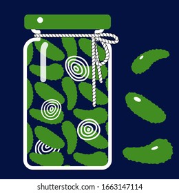 glass jar of canned cucumbers onions on a dark background homemade food blanks. Vector illustration