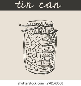 Glass jar with  canned homemade food illustration, in etching sketch hand drawing style, for home canning design