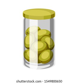 Glass jar with canned olives. Isolated on white background