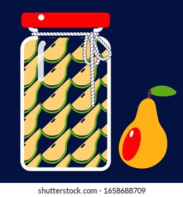 glass jar of canned pears on a dark background. Vector illustration