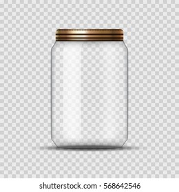 Glass Jar for canning and conservation. Vector empty jar design template with cover or lid on transparent