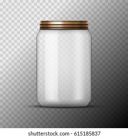 Glass Jar for canning and conservation. Vector empty jar design template with cover or lid on transparent.