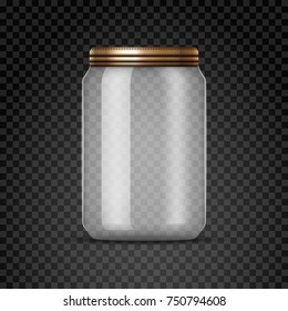 Glass Jar for canning and conservation. Vector empty jar design template with cover with lid on transparent.