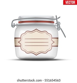 Glass Jar for canning and preserving with ticker label. Vector Illustration isolated on transparent background.