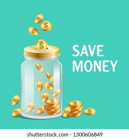 Glass jar with cap, moneybox icon, bright gold coins, keeping, saving money concept, vector illustration