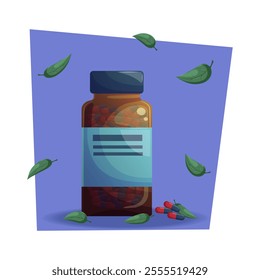 A glass jar with capsules and leaves falling around on a blue background. Vector cartoon illustration of medicine and medical preparation