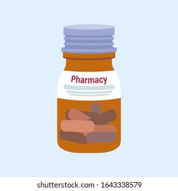 Glass jar with capsules,tablets in flat style isolated on blue background.Storage tank.Vector illustration.Sign silhouette.Medical natural remedy.Simple icon.Web site page,mobile app element.Pharmacy