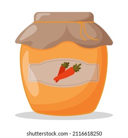 Glass jar of carrot jam with closed lid. Cute vector illustration