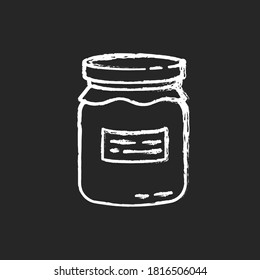 Glass jar chalk white icon on black background. Zero waste, canning. Food conservation, homemade cooking. Reusable glass can organic with jam or honey isolated vector chalkboard illustration