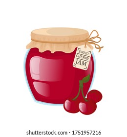 Glass jar with cherry jam. Bright vector illustration of cherry jam. 