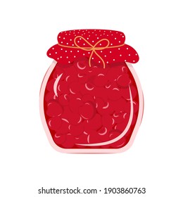 Glass jar with cherry jam. Jar with a fabric cover. Jam with whole berries. White background. Vector illustration.