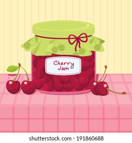 Glass jar with cherry jam on the table. Vector illustration.