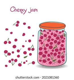 Glass jar with cherry jam. Vector illustration