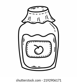 Glass jar with cherry jam. Vector doodle illustration. Homemade preparations. Autumn harvest.