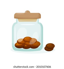 Glass jar with choclate cookies inside. Crockery for sweets. Vector illustration in cartoon style.