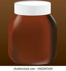 A glass jar with chocolate paste closed with a white plastic lid
