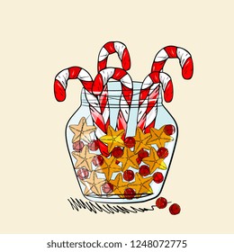 glass jar with christmas stars and sweet canes,bells.Greeting card Merry Christmas and Happy New Year in hand drawn style. Vector illustration.
