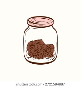 Vidro com grãos de café com grãos visíveis. Elemento de armazenamento simples para marca de café, embalagem, menus, rótulos, adesivos e desenhos de café.