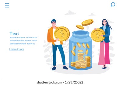 Glass jar with coins. Family couple saving money. Vector illustration for web banner, infographics, mobile. Man and woman inserting cash into glass jar.