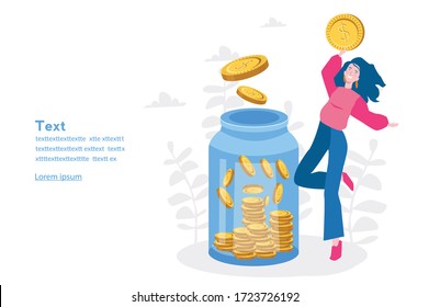 Glass jar with coins. Happy woman saving money. Vector illustration for web banner, infographics, mobile. Business woman inserting cash into glass jar.