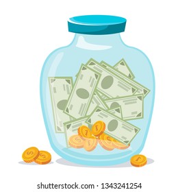 Glass jar with coins and paper notes inside. The concept of accumulation and nesting. Vector illustration in cartoon style.