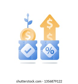Glass jar and coins, savings account, return on investment, financial fund, long term money deposit, capital growth, income increase, compound interest, vector icon, flat illustration
