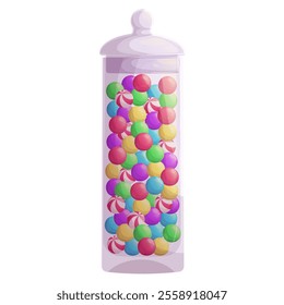 A glass jar with colorful candies, chewing balls. The concept of sweet foods, desserts, and confectionery. Vector illustration on a white background for a poster, banner, postcard, advertisement.