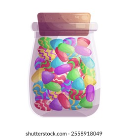 A glass jar with colorful candies. Sweet products, dessert, confectionery concept. Vector illustration on a white background for a poster, banner, postcard, advertisement.