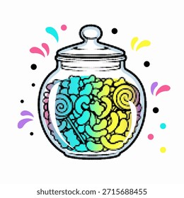 Recipiente de vidro frasco preenchido com doces coloridos variados em um estilo de meio-tom cômico retrô, ilustração vetorial