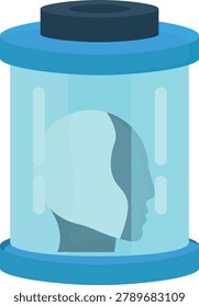 A glass jar containing a human head, showcasing a surreal and unsettling visual concept.