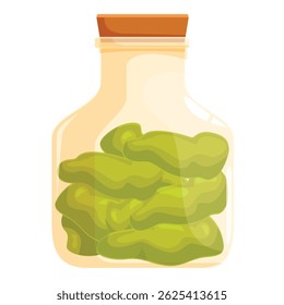 Glass jar with cork stopper containing whole green peppers, illustrating food preservation