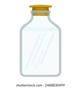 Glass jar with cork stopper. Transparent clear bottle with stopper. Container for dry bulk products. Kitchen food storage jar. Empty pot for liquid. Magic blank vessel for potions. Vector illustration