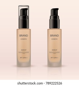 Glass jar for cosmetic cream. Foundation container mockup, complexion liquid in glass bottle on light beige background. Vector 3D cosmetic illustration for the promotion of foundation premium product.