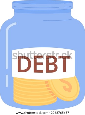 Glass jar with debt label semi flat color vector object. Editable element. Paying off loans. Simple cartoon style spot illustration for web graphic design and animation. Oxygen font used