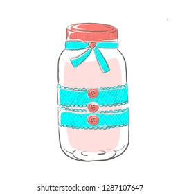 Glass jar decorated with lace and thread