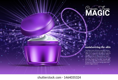 Glass jar for design on a purple background. Cosmetics for body cream. Vector illustration