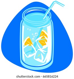 Glass jar with detox water, ice, lemon and straw. Isolated. On blue background.