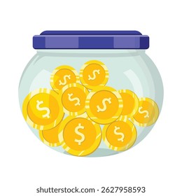 Glass jar with dollar coins save money vector illustration concept. Save money, Coin jar.