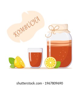 Glass jar with drink of kombucha, glass of tea, lemon, mint leaves. Inscription Kombucha. Summer refreshing drink with fruit. Fermented probiotic tea mushroom. Healthy eating. Vector illustration
