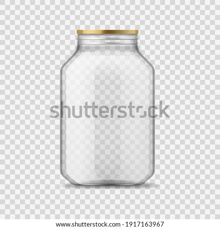 Glass jar. Empty clear glass container with metal cap, closed transparent 3d glassware for homemade jam and canning food, preservation and conservation, storage realistic vector isolated single mockup