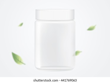 Glass jar empty transparent on blue background have falling leaves blowing in the wind.