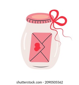 Glass jar and envelope with heart inside. Love message. Valentine's Day design element.