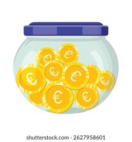 Glass jar with euro coins save money vector illustration concept. Save money, Coin jar.