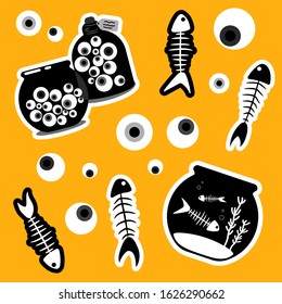glass jar with eyeballs and fish skeletons stickers set. yellow background. aquarium with a dead pet. illustration, concept of magic, mysticism and voodoo. for fabric, cards, prints, wallpapers