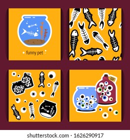 glass jar with eyeballs and fish skeletons stickers set. yellow background. dead pet. illustration, concept of magic, mysticism and voodoo. for fabric, cards, prints, wallpapers