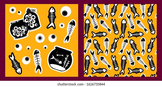 glass jar with eyeballs and fish skeletons stickers set. two template. yellow background. dead pet. illustration, concept of magic, mysticism and voodoo. for fabric, cards, prints, wallpapers