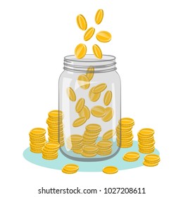 Glass jar with falling coins in it, isolated on white background. Vector illustration.