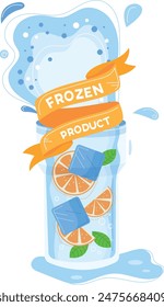 Glass jar filled cold drink ice cubes orange slices mint leaves. Refreshing beverage blue swirls frozen effect label. Summer drink concept clear container citrus refreshment vector illustration